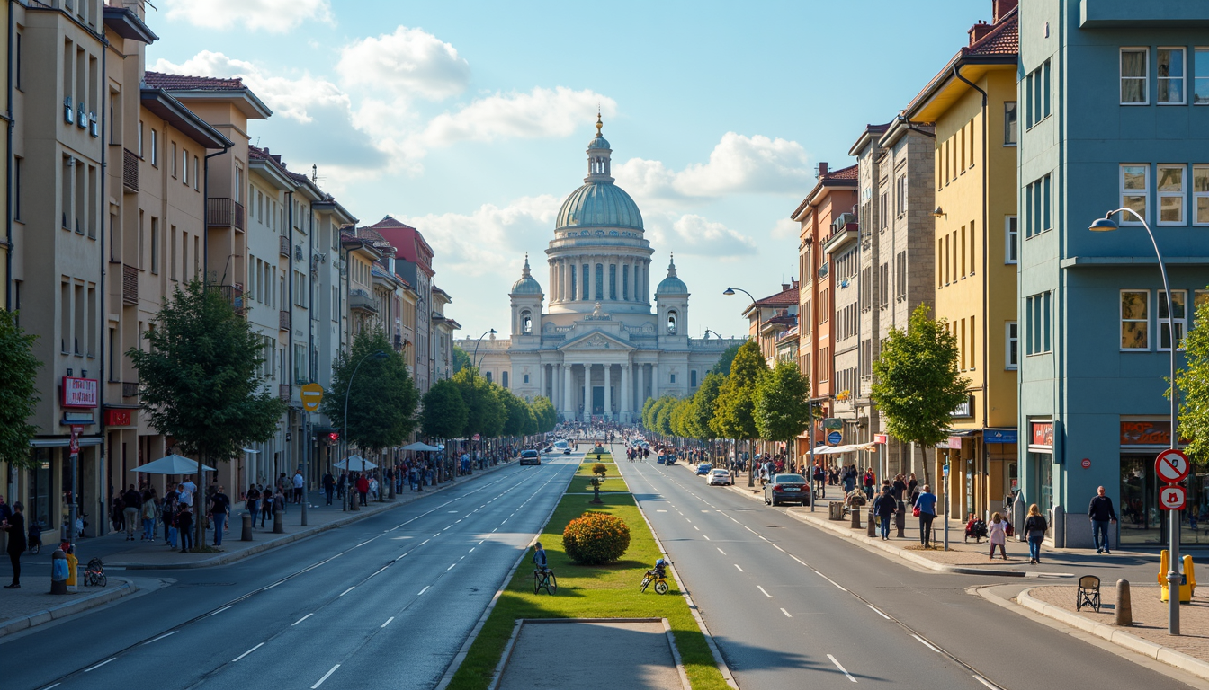 Un microbuz modern alb călătorind pe un drum deschis, cu orașele București și Galați stilizate pe fundal, simbolizând ruta.